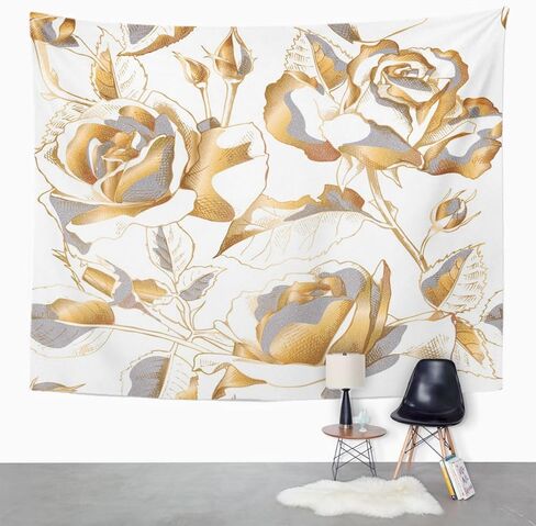 نسيج إمفينسي زهور سوداء مع زهور وردية ذهبية وأوراق وبراعم ورق ذهبي أبيض لديكور المنزل معلق على الحائط لغرفة المعيشة وغرفة النوم مقاس 60 × 80 بوصة in Kuwait