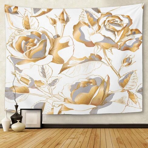 نسيج إمفينسي زهور سوداء مع زهور وردية ذهبية وأوراق وبراعم ورق ذهبي أبيض لديكور المنزل معلق على الحائط لغرفة المعيشة وغرفة النوم مقاس 60 × 80 بوصة in Kuwait