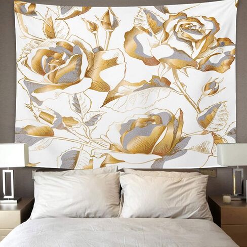 نسيج إمفينسي زهور سوداء مع زهور وردية ذهبية وأوراق وبراعم ورق ذهبي أبيض لديكور المنزل معلق على الحائط لغرفة المعيشة وغرفة النوم مقاس 60 × 80 بوصة in Kuwait