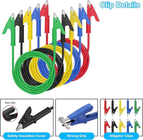 مجموعة 10 قطع من سلاسل اختبار مشابك التمساح، كابل سلك اختبار 15 أمبير مزدوج النهاية مع مشابك عازلة مع مشابك نحاسية جاك واقية للاختبار الكهربائي 5 ألوان 3.3 قدم/1 متر in Kuwait
