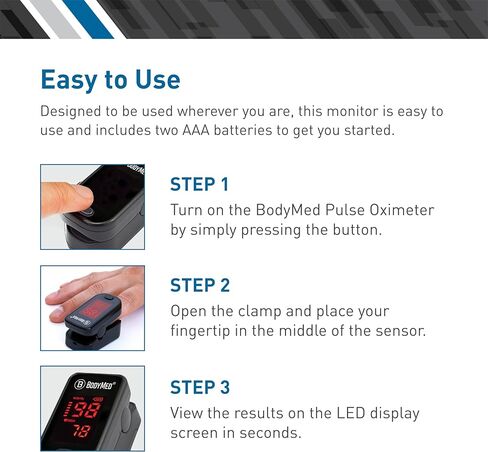 مقياس التأكسج بنبض الإصبع من BodyMed - جهاز مراقبة تشبع الأكسجين في الدم للطيران والرياضة مع غطاء من السيليكون والبطاريات والحبل (أسود) in Kuwait