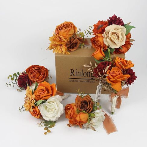 Rinlong 6Pcs Assorted Flower Centerpieces for Wedding Fall Tables Centerpiece Burnt Orange Bridesmaid Bouquets Baby Nursery Shelf Mantel Decor in Saudi Arabia