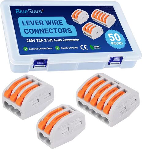 BlueStars 50 Pcs 2/3/5-250V 32A Orange Wire Connectors Push-in Suitable for Multiple Types Butt Terminal Connectors 28-12 AWG - CE Certified in Saudi Arabia