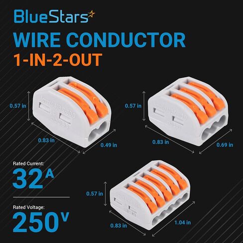 BlueStars 50 Pcs 2/3/5-250V 32A Orange Wire Connectors Push-in Suitable for Multiple Types Butt Terminal Connectors 28-12 AWG - CE Certified in Saudi Arabia