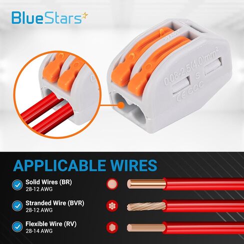 BlueStars 50 Pcs 2/3/5-250V 32A Orange Wire Connectors Push-in Suitable for Multiple Types Butt Terminal Connectors 28-12 AWG - CE Certified in Saudi Arabia