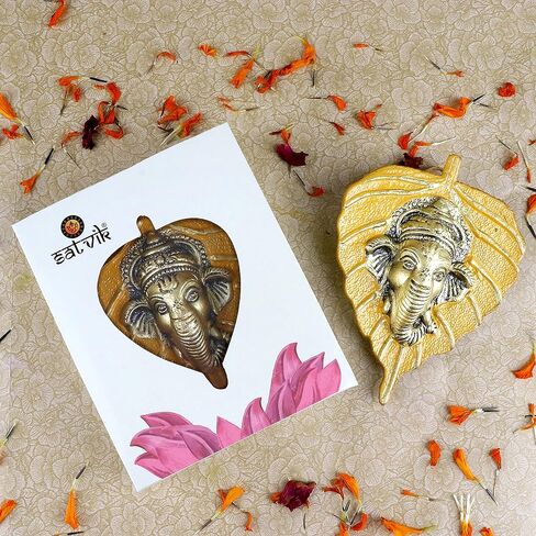 SATVIK Metal Pan Patta Ganesh Decorative Wall Hanging Showpiece Lord Ganesha on Leaf Home Decor. Indian Housewarming Return gift for bulk. Figurine pooja decoration item Yellow in Saudi Arabia