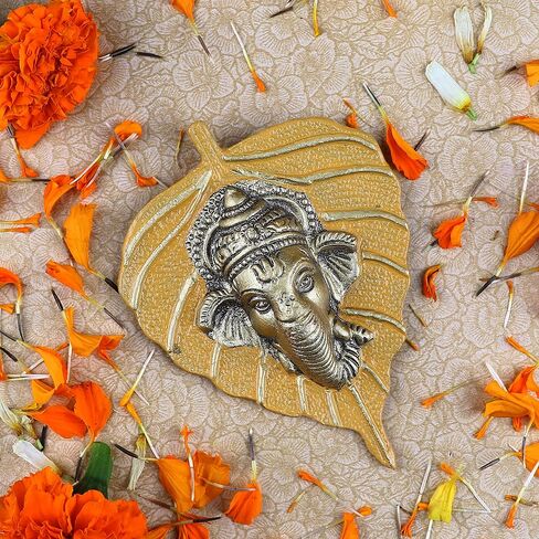 SATVIK Metal Pan Patta Ganesh Decorative Wall Hanging Showpiece Lord Ganesha on Leaf Home Decor. Indian Housewarming Return gift for bulk. Figurine pooja decoration item Yellow in Saudi Arabia