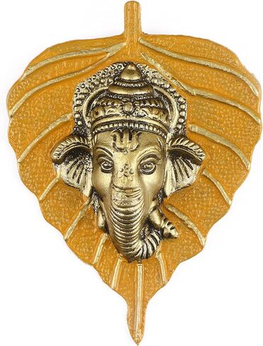 SATVIK Metal Pan Patta Ganesh Decorative Wall Hanging Showpiece Lord Ganesha on Leaf Home Decor. Indian Housewarming Return gift for bulk. Figurine pooja decoration item Yellow in Saudi Arabia