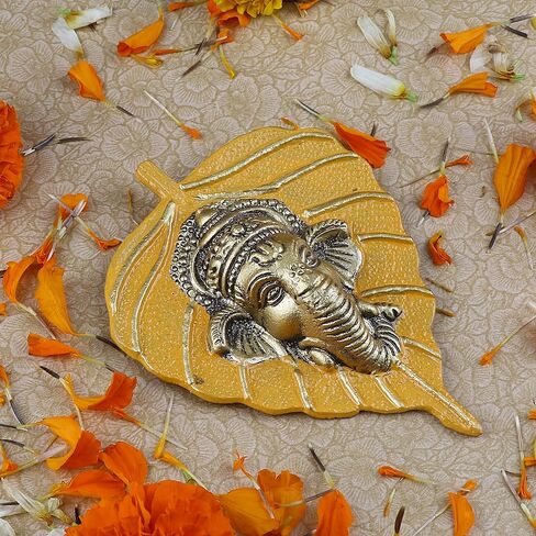SATVIK Metal Pan Patta Ganesh Decorative Wall Hanging Showpiece Lord Ganesha on Leaf Home Decor. Indian Housewarming Return gift for bulk. Figurine pooja decoration item Yellow in Saudi Arabia