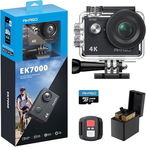 AKASO EK7000 4K30fps Action Camera with 64GB MicroSDXC U3 Memory Card Accessories Kit Bundle Ultra HD 131FT Waterproof Camera EIS WiFi Remote Control 4X Zoom Underwater Camera in Kuwait
