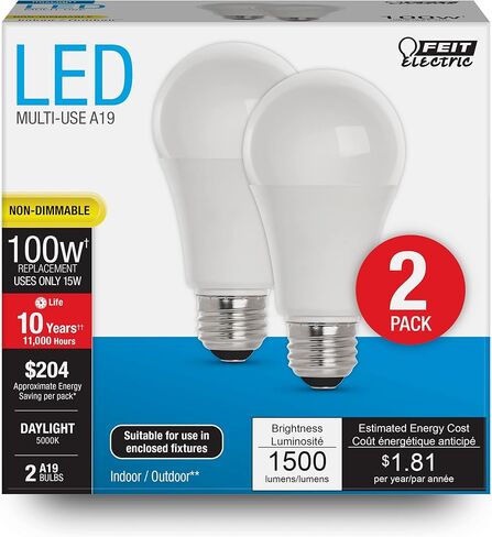 Feit Electric A19 LED Light Bulbs, 100W Equivalent, Non Dimmable, 1600 Lumens, E26 Standard Base, 5000k Daylight, 80 CRI, 10 Year Lifetime, Energy Efficient, 2 Pack, A1600/850/10KLED/2 in Saudi Arabia