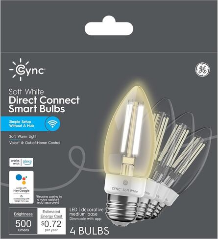 لمبة إضاءة LED ذكية GE CYNC، لمبة إضاءة شمعة B11، تعمل مع Amazon Alexa وGoogle Home، إضاءة WiFi، ما يعادل 60 وات، أبيض ناعم، قاعدة صغيرة (عبوة من قطعتين) in Kuwait