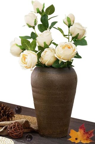 Farmhouse Clay Floor Vase for Flower Large, Rough Ceramic Garden Pot for Plant Outdoor,Tall French Vases for Pampas Grass Decor (with a drainage hole, C3: Brown (M)) in Saudi Arabia