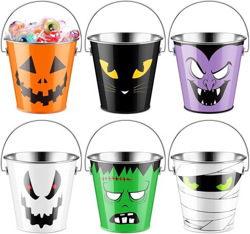 6 Pcs Halloween Bucket Metal Bulk Kids Party Favors Trick or Treat Pail with Handle Candy Treat Bucket Pumpkin Colored for Children Toy Christmas Birthday Supplies in Saudi Arabia