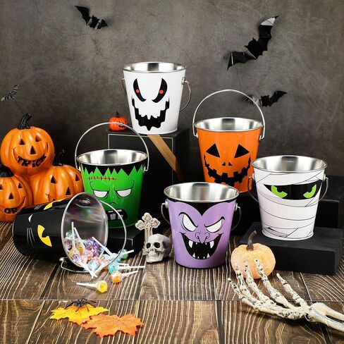 6 Pcs Halloween Bucket Metal Bulk Kids Party Favors Trick or Treat Pail with Handle Candy Treat Bucket Pumpkin Colored for Children Toy Christmas Birthday Supplies in Saudi Arabia