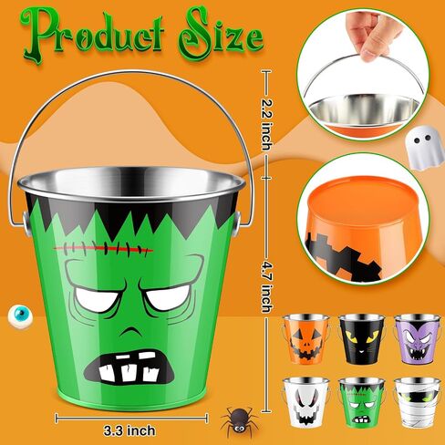 6 Pcs Halloween Bucket Metal Bulk Kids Party Favors Trick or Treat Pail with Handle Candy Treat Bucket Pumpkin Colored for Children Toy Christmas Birthday Supplies in Saudi Arabia