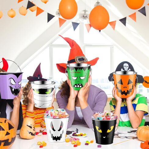 6 Pcs Halloween Bucket Metal Bulk Kids Party Favors Trick or Treat Pail with Handle Candy Treat Bucket Pumpkin Colored for Children Toy Christmas Birthday Supplies in Saudi Arabia