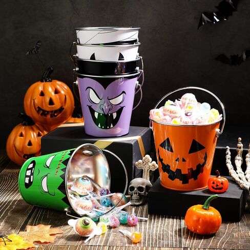 6 Pcs Halloween Bucket Metal Bulk Kids Party Favors Trick or Treat Pail with Handle Candy Treat Bucket Pumpkin Colored for Children Toy Christmas Birthday Supplies in Saudi Arabia