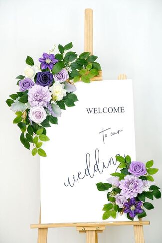 Wedding Decor (Pack of 2) Welcome Sign Flower Backdrop Garland for Ceremony Reception Wall Easel Home Decoration Entryway Faux Outdoor Board Head Table Decor (Lilic & Cream) in Saudi Arabia