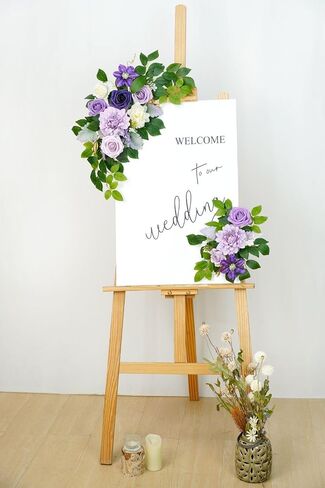 Wedding Decor (Pack of 2) Welcome Sign Flower Backdrop Garland for Ceremony Reception Wall Easel Home Decoration Entryway Faux Outdoor Board Head Table Decor (Lilic & Cream) in Saudi Arabia