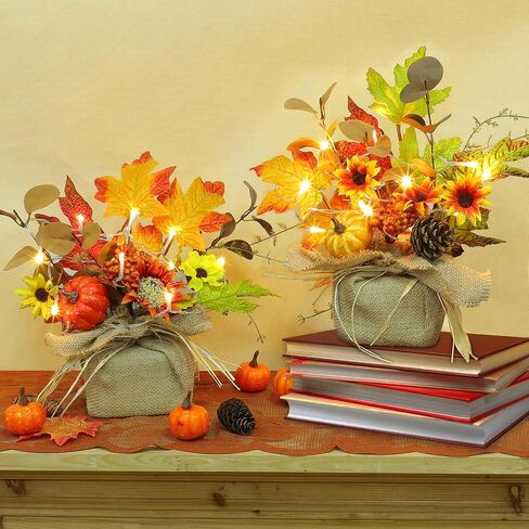 [ 2 Styles & Lighted ] 2 Pack 11 Inch Fall Maple Tree Decor, Artificial Tabletop Fall Tree with 20 LEDs Battery Powered Fall leafed Pumpkin Cones Berried Flower Thanksgiving Fall Decorations for Home in Saudi Arabia