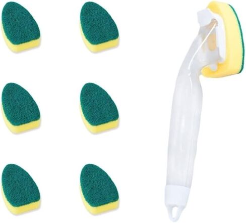 Dish Wand with 7Pack Replacement Sponge Heads, Dishwashing Scrub Dispensing Brush, Heavy Duty Dish Wand Scrubber, Eco-Friendly Sponge with Handle Sponge Refill for Kitchen Cleaning in Saudi Arabia