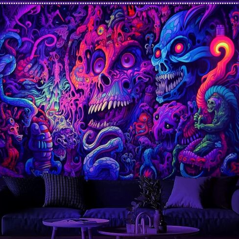 SparkLia Blacklight Horror Skull Tapestry، مجردة هيكل عظمي ملون يضحك الوحش الأشعة فوق البنفسجية رد الفعل متوهجة المفروشات هالوين الزينة الجدار شنقا لغرفة النوم، غرفة المعيشة - 59.1 "× 80" in Kuwait