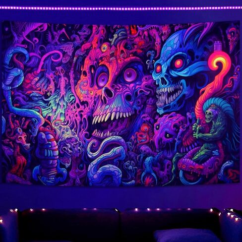 SparkLia Blacklight Horror Skull Tapestry، مجردة هيكل عظمي ملون يضحك الوحش الأشعة فوق البنفسجية رد الفعل متوهجة المفروشات هالوين الزينة الجدار شنقا لغرفة النوم، غرفة المعيشة - 59.1 "× 80" in Kuwait