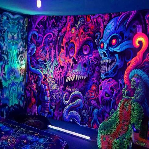 SparkLia Blacklight Horror Skull Tapestry، مجردة هيكل عظمي ملون يضحك الوحش الأشعة فوق البنفسجية رد الفعل متوهجة المفروشات هالوين الزينة الجدار شنقا لغرفة النوم، غرفة المعيشة - 59.1 "× 80" in Kuwait