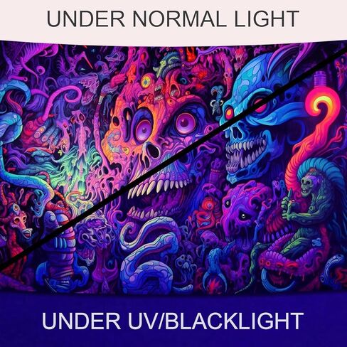 SparkLia Blacklight Horror Skull Tapestry، مجردة هيكل عظمي ملون يضحك الوحش الأشعة فوق البنفسجية رد الفعل متوهجة المفروشات هالوين الزينة الجدار شنقا لغرفة النوم، غرفة المعيشة - 59.1 "× 80" in Kuwait