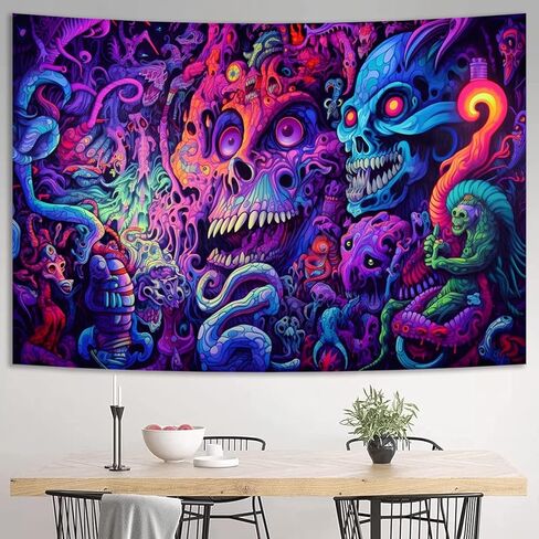 SparkLia Blacklight Horror Skull Tapestry، مجردة هيكل عظمي ملون يضحك الوحش الأشعة فوق البنفسجية رد الفعل متوهجة المفروشات هالوين الزينة الجدار شنقا لغرفة النوم، غرفة المعيشة - 59.1 "× 80" in Kuwait