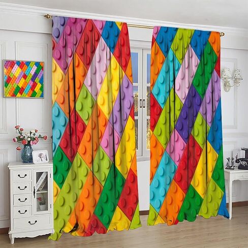 Kids Boys Window Curtains, Building Blocks Toys Treatments Colorful Plastic Brick Geometric Print Pattern Abstract Contour Drapes for Nursery Living Room,42x45 Inch Decor in Saudi Arabia