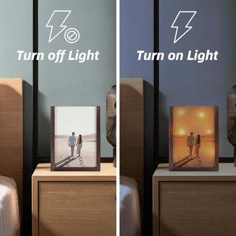 إطار صورة EXYGLO مقاس 5x7 مع ضوء LED، ديكور قمر مجوف مرصع بالنجوم، إطار صور خشبي ريفي للمكتب مع غطاء زجاجي مزدوج، إطار صورة صندوق المكتب لغرفة النوم، وغرفة المعيشة، والمزرعة (حزمة واحدة، بني) in Kuwait