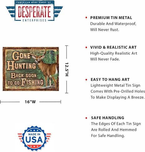 Desperate Enterprises Gone Hunting Tin Sign - Nostalgic Vintage Metal Wall Decor - Made in USA in Saudi Arabia