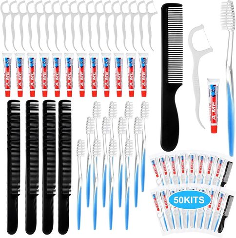 50 Sets Disposable Toothbrushes with Toothpaste Floss and Comb for Travel Individually Wrapped, Homeless Care Package Bulk Hygiene Kits for Homeless/Hotel/shelter/Nursing Home/Charity in Saudi Arabia
