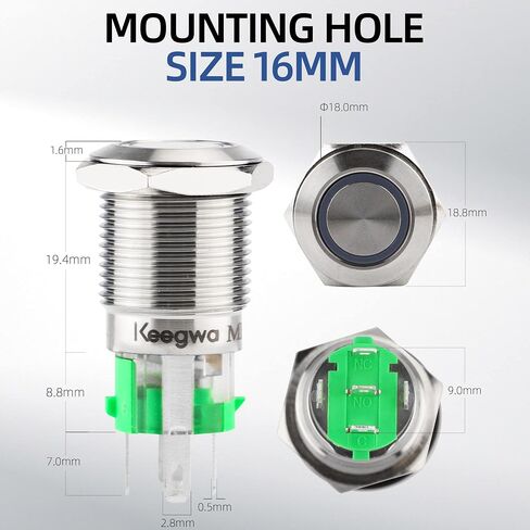 Keegwa (2 قطعة) مفتاح زر ضغط 16 مم فضي من الفولاذ المقاوم للصدأ مع حلقة LED ضوء مع مقبس سلك قابس ذاتي القفل 12 فولت - 24 فولت 5 أمبير SPDT 1NO1NC (أخضر) in Saudi Arabia