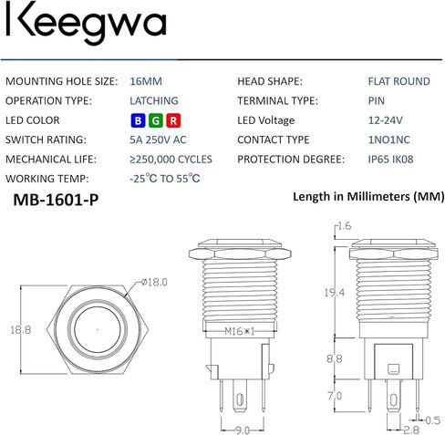 Keegwa (2 قطعة) مفتاح زر ضغط 16 مم فضي من الفولاذ المقاوم للصدأ مع حلقة LED ضوء مع مقبس سلك قابس ذاتي القفل 12 فولت - 24 فولت 5 أمبير SPDT 1NO1NC (أخضر) in Saudi Arabia