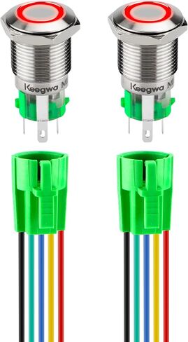 Keegwa (2 PCS) 16mm Latching Push Button Switch Silver Stainless Steel Metal with Ring LED Light with Wire Socket Plug Self-Locking 12V-24V 5A SPDT 1NO1NC (Green) in Saudi Arabia