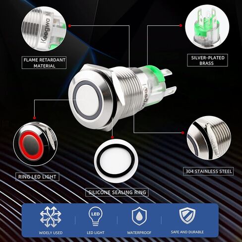 Keegwa (2 PCS) 16mm Latching Push Button Switch Silver Stainless Steel Metal with Ring LED Light with Wire Socket Plug Self-Locking 12V-24V 5A SPDT 1NO1NC (Green) in Saudi Arabia