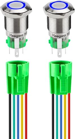 Keegwa (2 PCS) 16mm Latching Push Button Switch Silver Stainless Steel Metal with Ring LED Light with Wire Socket Plug Self-Locking 12V-24V 5A SPDT 1NO1NC (Green) in Saudi Arabia
