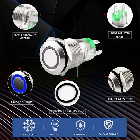 Keegwa (2 PCS) 16mm Latching Push Button Switch Silver Stainless Steel Metal with Ring LED Light with Wire Socket Plug Self-Locking 12V-24V 5A SPDT 1NO1NC (Green) in Saudi Arabia