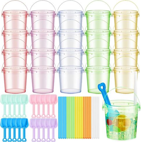 20 عبوة من دلاء رم بلاستيكية ملونة بوزن 32 أونصة للشرب مع 20 ماصة و20 مجرفة، دلاء مشروبات بلاستيكية ملونة مع مقبض، أوعية لكمة قابلة لإعادة الاستخدام لمستلزمات حفلات كأس النبيذ والبيرة in Kuwait