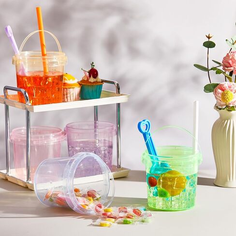 20 عبوة من دلاء رم بلاستيكية ملونة بوزن 32 أونصة للشرب مع 20 ماصة و20 مجرفة، دلاء مشروبات بلاستيكية ملونة مع مقبض، أوعية لكمة قابلة لإعادة الاستخدام لمستلزمات حفلات كأس النبيذ والبيرة in Kuwait