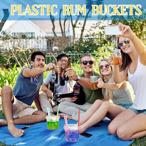 20 عبوة من دلاء رم بلاستيكية ملونة بوزن 32 أونصة للشرب مع 20 ماصة و20 مجرفة، دلاء مشروبات بلاستيكية ملونة مع مقبض، أوعية لكمة قابلة لإعادة الاستخدام لمستلزمات حفلات كأس النبيذ والبيرة in Kuwait