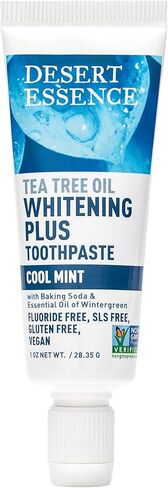 معجون أسنان تبييض الأسنان بزيت شجرة الشاي من Desert Essence، حجم مناسب للسفر، 1 أونصة - خالي من الفلورايد، خالي من الغلوتين، نباتي، غير معدّل وراثيًا - مع ألياف جذع الخيزران، صودا الخبز، زيت شجرة الشاي لتبييض الأسنان والنفس المنعش in Kuwait