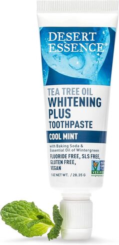 معجون أسنان تبييض الأسنان بزيت شجرة الشاي من Desert Essence، حجم مناسب للسفر، 1 أونصة - خالي من الفلورايد، خالي من الغلوتين، نباتي، غير معدّل وراثيًا - مع ألياف جذع الخيزران، صودا الخبز، زيت شجرة الشاي لتبييض الأسنان والنفس المنعش in Kuwait