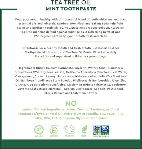 معجون أسنان تبييض الأسنان بزيت شجرة الشاي من Desert Essence، حجم مناسب للسفر، 1 أونصة - خالي من الفلورايد، خالي من الغلوتين، نباتي، غير معدّل وراثيًا - مع ألياف جذع الخيزران، صودا الخبز، زيت شجرة الشاي لتبييض الأسنان والنفس المنعش in Kuwait