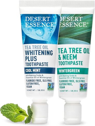 معجون أسنان تبييض الأسنان بزيت شجرة الشاي من Desert Essence، حجم مناسب للسفر، 1 أونصة - خالي من الفلورايد، خالي من الغلوتين، نباتي، غير معدّل وراثيًا - مع ألياف جذع الخيزران، صودا الخبز، زيت شجرة الشاي لتبييض الأسنان والنفس المنعش in Kuwait