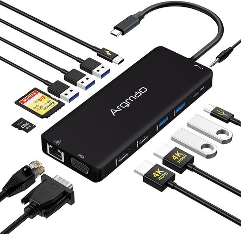 USB C Laptop Docking Station, 14 in 1 Type C Hub with 3 Monitors, Dual HDMI, VGA, PD, Ethernet, SD/TF, USB C/A Ports, Mic/Audio, Multiport Adapter Dongle Compatible for MacBook/Dell/HP/Lenovo Laptops in Saudi Arabia