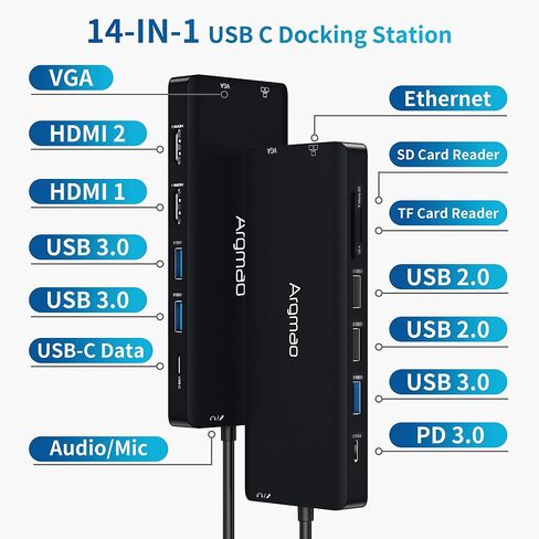 USB C Laptop Docking Station, 14 in 1 Type C Hub with 3 Monitors, Dual HDMI, VGA, PD, Ethernet, SD/TF, USB C/A Ports, Mic/Audio, Multiport Adapter Dongle Compatible for MacBook/Dell/HP/Lenovo Laptops in Saudi Arabia